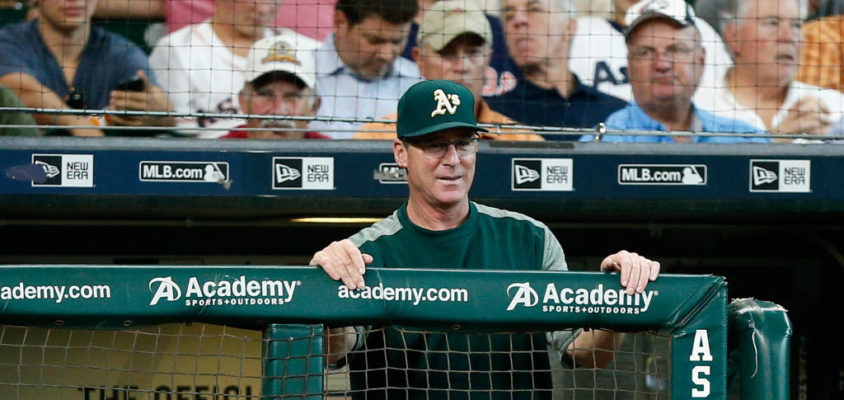 HOUSTON, TX - JUNE 29: Manager Bob Melvin #6 of the Oakland Athletics looks on from the dugout against the Houston Astros at Minute Maid Park on June 29, 2017 in Houston, Texas