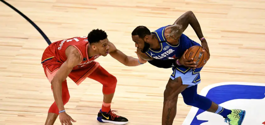 CHICAGO, ILLINOIS - FEBRUARY 16: LeBron James #2 of Team LeBron handles the ball while being guarded by Giannis Antetokounmpo #24 of Team Giannis in the fourth quarter during the 69th NBA All-Star Game at the United Center on February 16, 2020 in Chicago, Illinois.