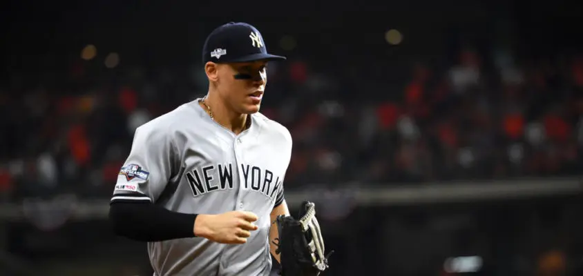 HOUSTON, TX - OCTOBER 19: Aaron Judge #99 of the New York Yankees looks on during Game 6 of the ALCS between the New York Yankees and the Houston Astros at Minute Maid Park on Saturday, October 19, 2019 in Houston, Texas