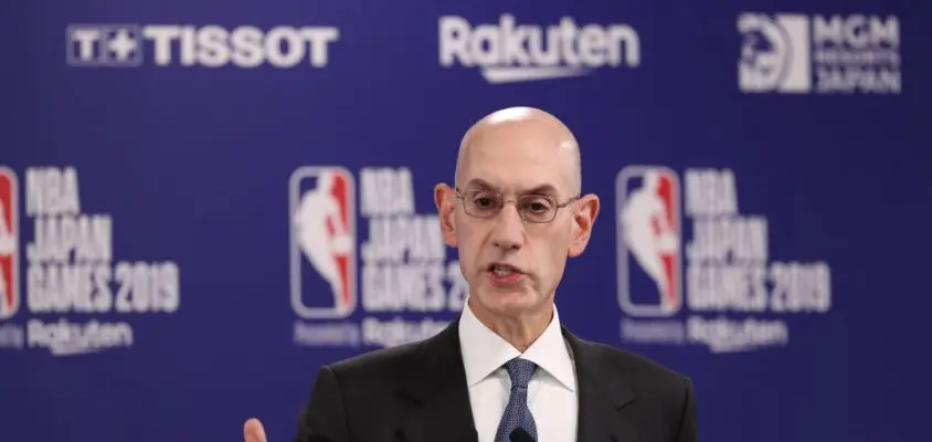 SAITAMA, JAPAN - OCTOBER 08: Commissioner of the National Basketball Association (NBA) Adam Silver speaks during a press conference prior to the preseason game between Houston Rockets and Toronto Raptors at Saitama Super Arena on October 08, 2019 in Saitama, Japan