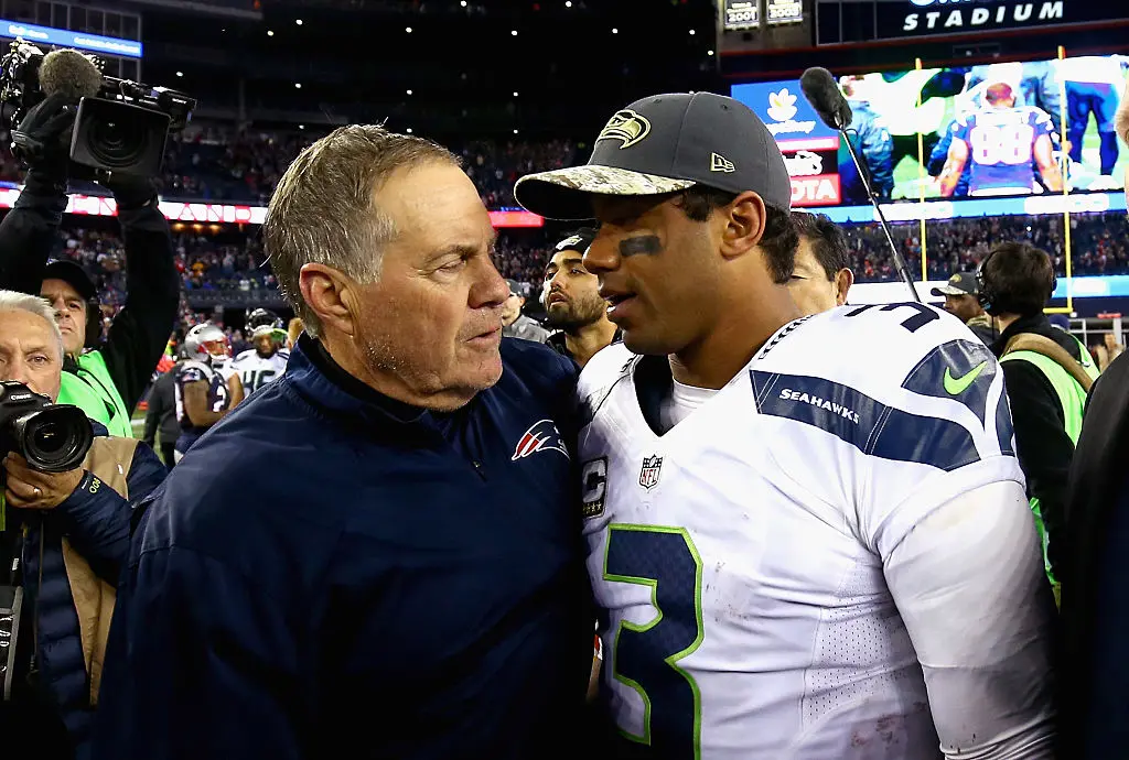 FOXBORO, MA - NOVEMBER 13: Head coach Bill Belichick shakes hands with Russell Wilson #3 of the Seattle Seahawks after a game at Gillette Stadium on November 13, 2016 in Foxboro, Massachusetts