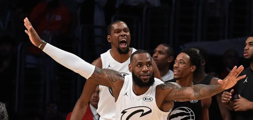 LOS ANGELES, CA - FEBRUARY 18: LeBron James #23 and Kevin Durant #35 (background) of Team LeBron react after a missed last second shot by DeMar DeRozan #10 of Team Stephen (right) during the NBA All-Star Game 2018 at Staples Center on February 18, 2018 in Los Angeles, California. Team LeBron won the game 148-145