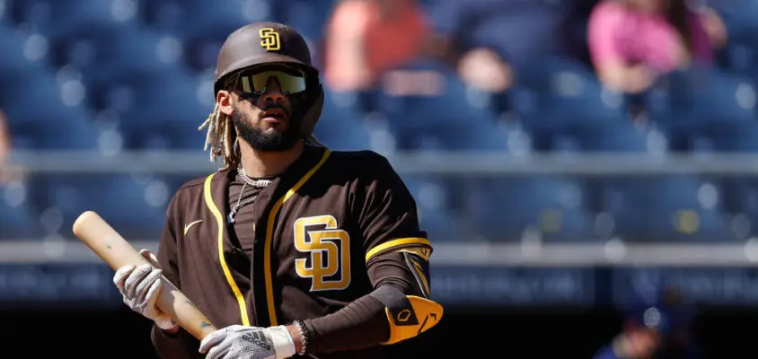 PEORIA, ARIZONA - MARCH 03: Fernando Tatis Jr. #23 of the San Diego Padres bats against the Milwaukee Brewers during the MLB spring training game on March 03, 2021 in Peoria, Arizona