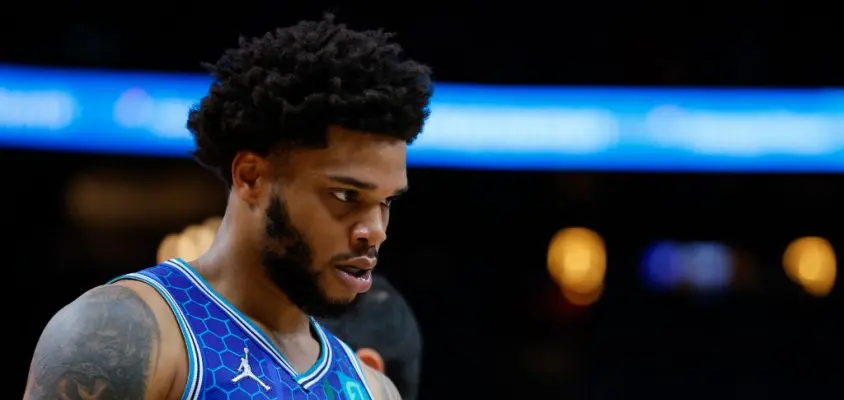 ATLANTA, GA - APRIL 13: Miles Bridges #0 of the Charlotte Hornets reacts during the second half against the Atlanta Hawks at State Farm Arena on April 13, 2022 in Atlanta, Georgia.