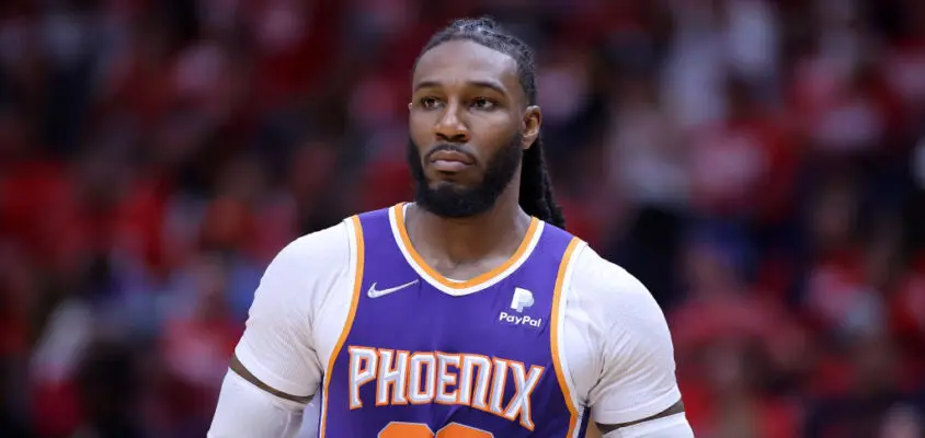 NEW ORLEANS, LOUISIANA - APRIL 24: Jae Crowder #99 of the Phoenix Suns reacts against the New Orleans Pelicans during Game Four of the Western Conference First Round NBA Playoffs at the Smoothie King Center on April 24, 2022 in New Orleans, Louisiana.