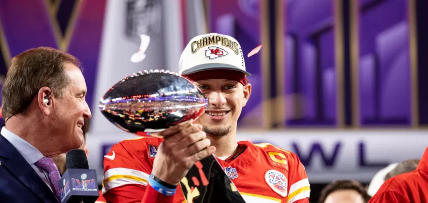 LAS VEGAS, NEVADA - FEBRUARY 11: Patrick Mahomes #15 of the Kansas City Chiefs celebrates with the Vince Lombardi Trophy following the NFL Super Bowl 58 football game between the San Francisco 49ers and the Kansas City Chiefs at Allegiant Stadium on February 11, 2024 in Las Vegas, Nevada