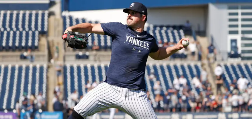 TAMPA, FL - FEBRUARY 20: Carlos Rodón #55 of the New York Yankees throws during Spring Training at George M. Steinbrenner Field on February 20, 2023 in Tampa, Florida