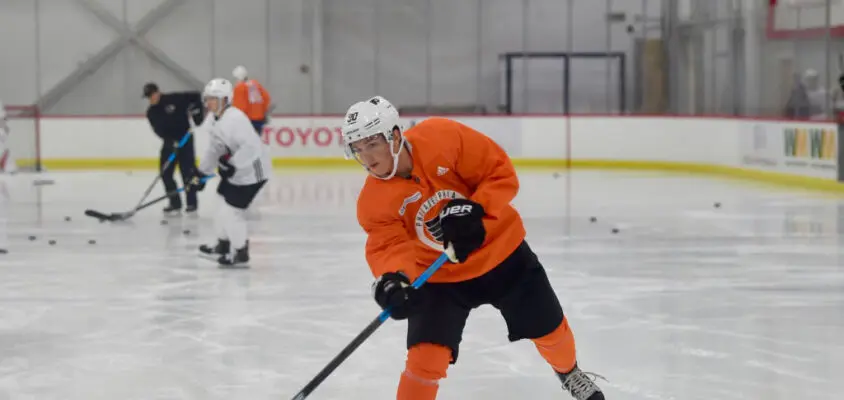 VOORHEES, NJ - JUNE 26: Carson Briere (90) in action at the Flyers Development Camp on June 28, 2019 at the Virtua Center Flyers Skate Zone.