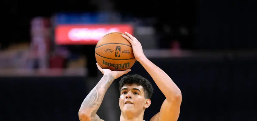 SAN FRANCISCO, CALIFORNIA - JULY 05: Gui Santos #15 of the Golden State Warrior shoots a foul shot against the Miami Heat in the second half during the California Classic at Chase Center on July 05, 2022 in San Francisco, California.