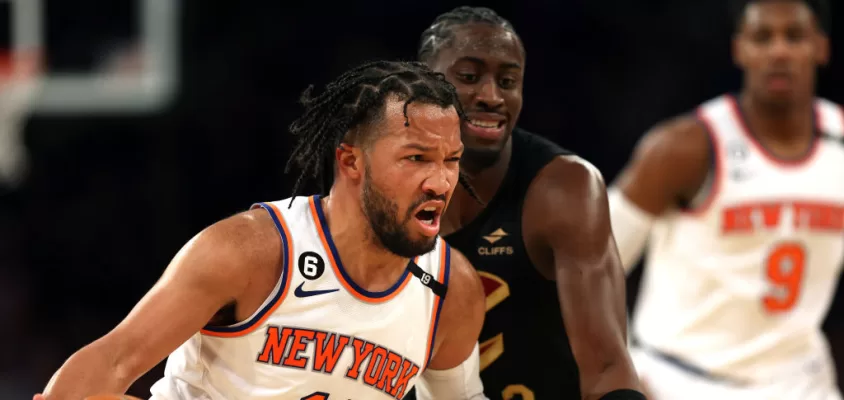 NEW YORK, NEW YORK - APRIL 21: Jalen Brunson #11 of the New York Knicks drives to the basket as Caris LeVert #3 of the Cleveland Cavaliers defends during game three of the Eastern Conference playoffs at Madison Square Garden on April 21, 2023 in New York City