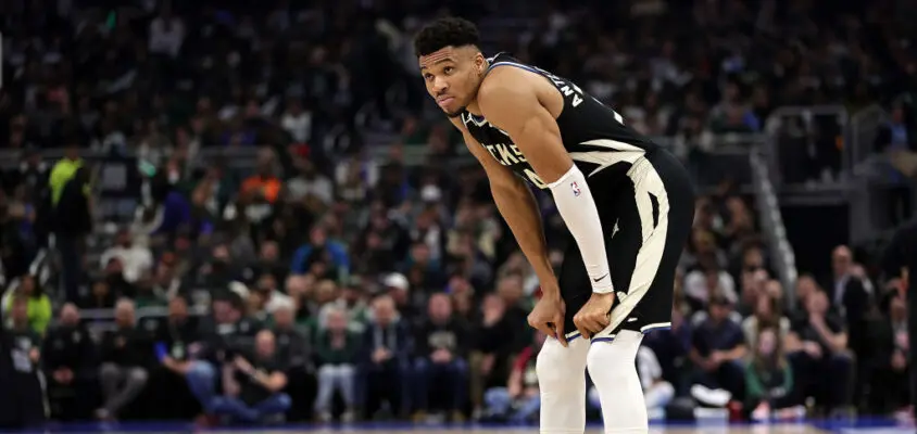 MILWAUKEE, WISCONSIN - APRIL 16: Giannis Antetokounmpo #34 of the Milwaukee Bucks waits for a free throw during Game One of the Eastern Conference First Round Playoffs against the Miami Heat at Fiserv Forum on April 16, 2023 in Milwaukee, Wisconsin. Miami defeated Milwaukee 130-117.