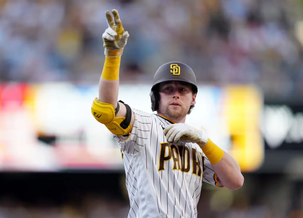 SAN DIEGO, CA - OCTOBER 19: Jake Cronenworth #9 of the San Diego Padres reacts after hitting a single in the seventh inning of Game 2 of the NLCS between the Philadelphia Phillies and the San Diego Padres at Petco Park on Wednesday, October 19, 2022 in San Diego, California