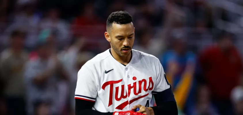 MINNEAPOLIS, MN - MAY 09: Carlos Correa #4 of the Minnesota Twins reacts to striking out against the San Diego Padres in the seventh inning at Target Field on May 9, 2023 in Minneapolis, Minnesota. The Padres defeated the Twins 6-1