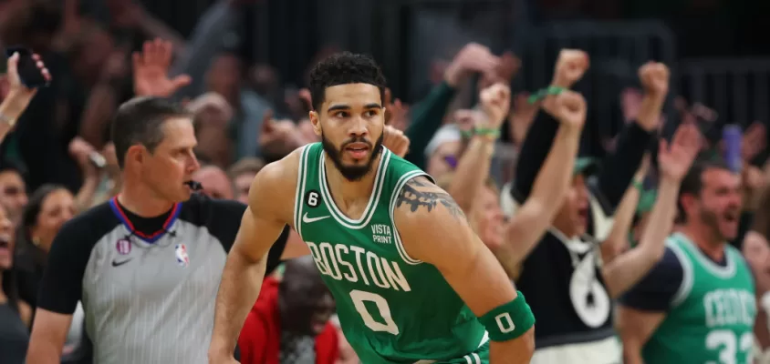 BOSTON, MASSACHUSETTS - MAY 25: Jayson Tatum #0 of the Boston Celtics reacts against the Miami Heat during the first quarter in game five of the Eastern Conference Finals at TD Garden on May 25, 2023 in Boston, Massachusetts.