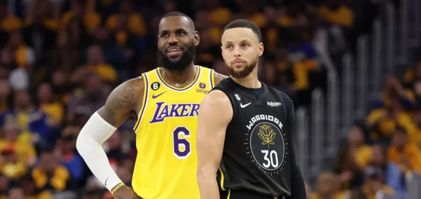 SAN FRANCISCO, CALIFORNIA - MAY 02: LeBron James #6 of the Los Angeles Lakers stands next to Stephen Curry #30 of the Golden State Warriors during the second quarter in game one of the Western Conference Semifinal Playoffs at Chase Center on May 02, 2023 in San Francisco, California.