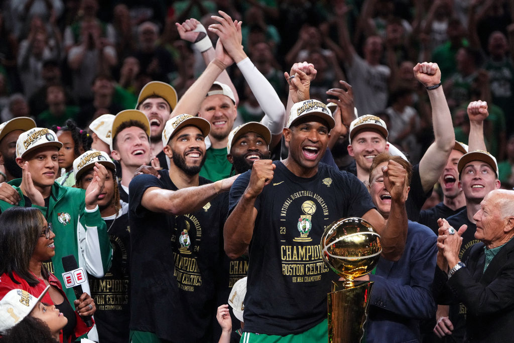 Boston, MA - June 17: Boston Celtics center Al Horford celebrates after winning Game 5 of the 2024 NBA Finals