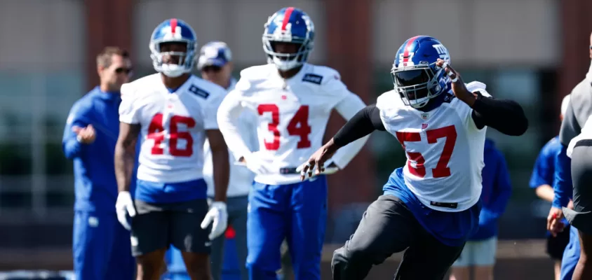 EAST RUTHERFORD, NEW JERSEY - MAY 25: Linebacker Jarrad Davis #57 runs a drill during the teams OTAs at Quest Diagnostics Center on May 25, 2023 in East Rutherford, New Jersey