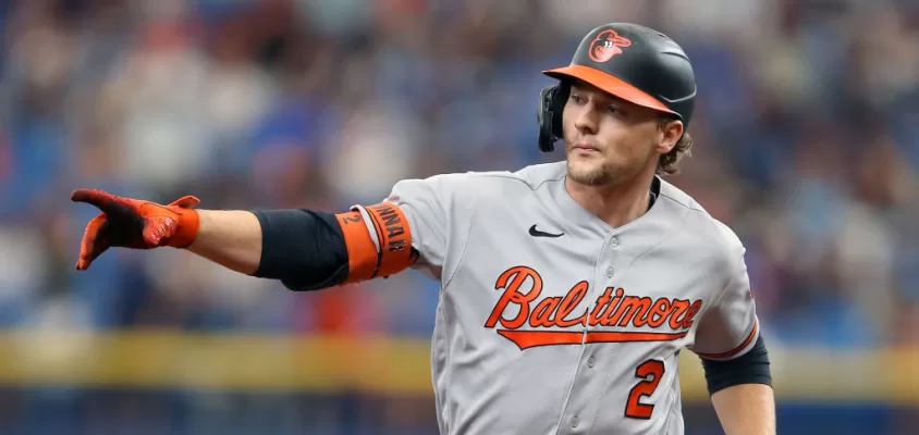 ST. PETERSBURG, FL - July 23: Baltimore Orioles Infielder Gunnar Henderson (2) points to the cheering fans as he rounds the bases after hitting a home run during the MLB regular season game between the Baltimore Orioles and the Tampa Bay Rays on July 23, 2023, at Tropicana Field in St. Petersburg, FL