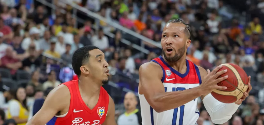 LAS VEGAS, NEVADA - AUGUST 07: Jalen Brunson #11 of the United States drives against Tremont Waters #51 of Puerto Rico in the second half of a 2023 FIBA World Cup exhibition game at T-Mobile Arena on August 07, 2023 in Las Vegas, Nevada. The United States defeated Puerto Rico 117-74.