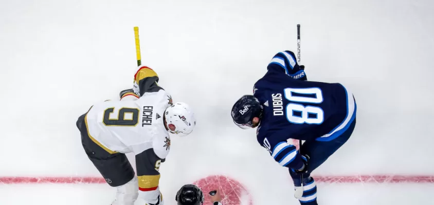 WINNIPEG, CANADA - APRIL 24: Jack Eichel #9 of the Vegas Golden Knights gets set to take a second period face-off against Pierre-Luc Dubois #80 of the Winnipeg Jets in Game Four of the First Round of the 2023 Stanley Cup Playoffs at the Canada Life Centre on April 24, 2023 in Winnipeg, Manitoba, Canada