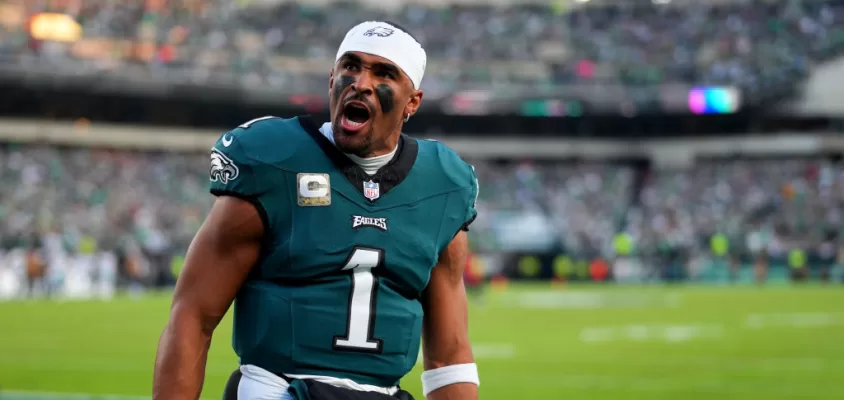 PHILADELPHIA, PENNSYLVANIA - NOVEMBER 05: Jalen Hurts #1 of the Philadelphia Eagles reacts prior to the game iagainst the Dallas Cowboys at Lincoln Financial Field on November 05, 2023 in Philadelphia, Pennsylvania.