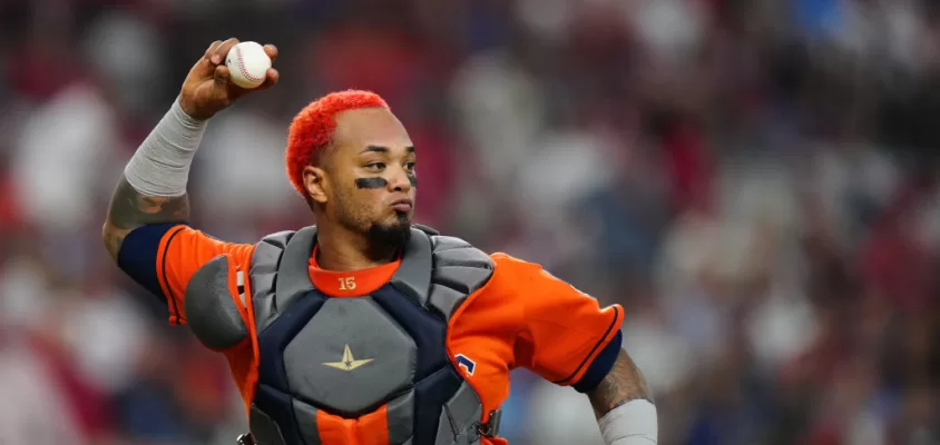 ARLINGTON, TX - OCTOBER 20: Martin Maldonado #15 of the Houston Astros throws to first for an out in the seventh inning during Game 5 of the ALCS between the Houston Astros and the Texas Rangers at Globe Life Field on Friday, October 20, 2023 in Arlington, Texas.