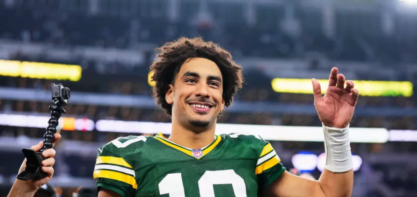 DALLAS, TX - JANUARY 14: Jordan Love #10 of the Green Bay Packers celebrates after defeating the Dallas Cowboys during the NFC Wild Card playoff game at AT&T Stadium on January 14, 2024 in Dallas, Texas.