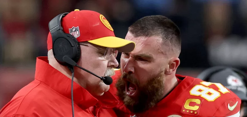 LAS VEGAS, NEVADA - FEBRUARY 11: Travis Kelce #87 of the Kansas City Chiefs reacts at Head coach Andy Reid in the first half against the San Francisco 49ers during Super Bowl LVIII at Allegiant Stadium on February 11, 2024 in Las Vegas, Nevada