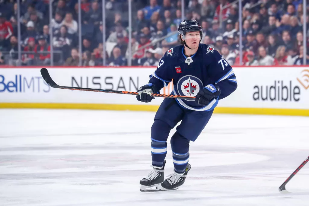 WINNIPEG, CANADA - MARCH 11: Tyler Toffoli #73 of the Winnipeg Jets keeps an eye on the play during first period action against the Washington Capitals at the Canada Life Centre on March 11, 2024 in Winnipeg, Manitoba, Canada.