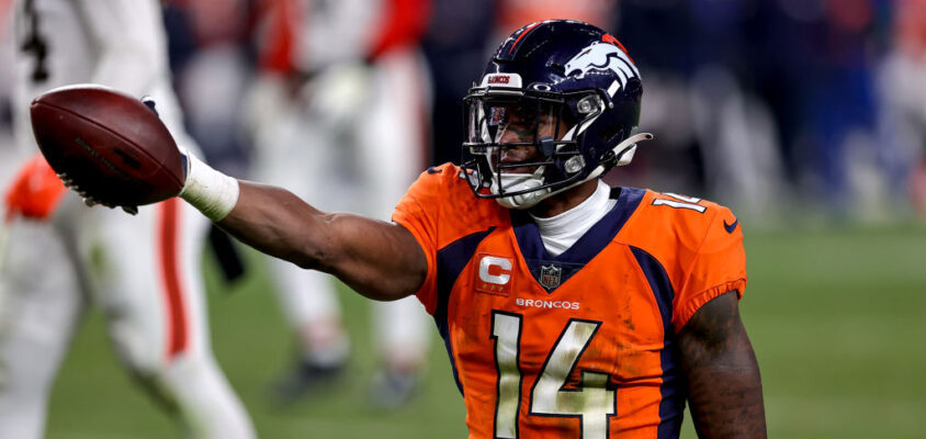 DENVER, CO - NOVEMBER 26: Denver Broncos wide receiver Courtland Sutton signals a first down during an NFL game between the Cleveland Browns and the Denver Broncos on November 26, 2023 at Empower Field at Mile High in Denver, CO