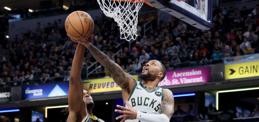 INDIANAPOLIS, INDIANA - JANUARY 03: Damian Lillard #0 of the Milwaukee Bucks shoots the ball against the Indiana Pacers at Gainbridge Fieldhouse on January 03, 2024 in Indianapolis, Indiana.