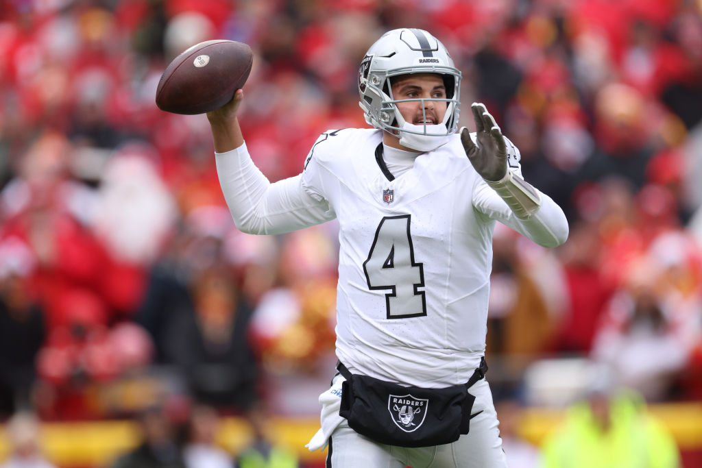 KANSAS CITY, MISSOURI - DECEMBER 25: Aidan O'Connell #4 of the Las Vegas Raiders throws a pass during the first quarter against the Kansas City Chiefs at GEHA Field at Arrowhead Stadium on December 25, 2023 in Kansas City, Missouri.