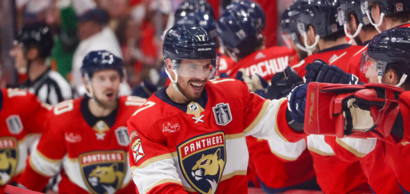 SUNRISE, FLORIDA - JUNE 10: Evan Rodrigues #17 of the Florida Panthers celebrates after scoring his second goal against the Edmonton Oilers during the third period in Game Two of the 2024 Stanley Cup Final at Amerant Bank Arena on June 10, 2024 in Sunrise, Florida