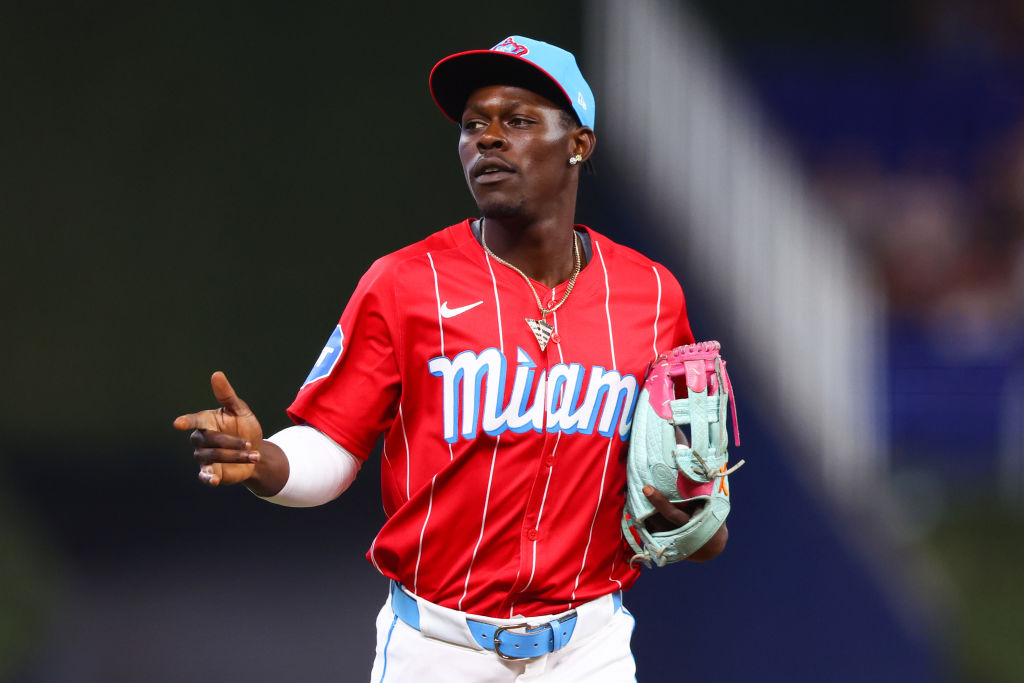 MIAMI, FLORIDA - JULY 20: Jazz Chisholm Jr. #2 of the Miami Marlins looks on against the New York Mets during the first inning of the game at loanDepot park on July 20, 2024 in Miami, Florida.